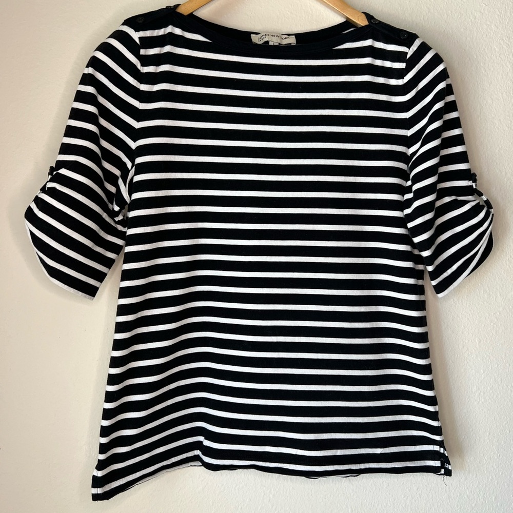 Jones New York Black and White Striped Shirt size L